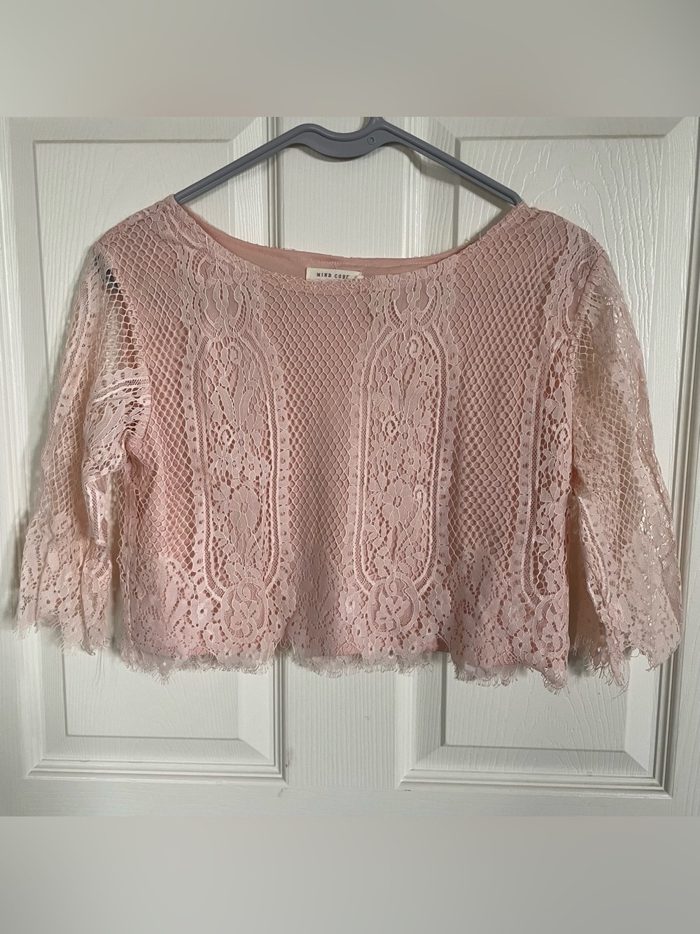 Mind Code Pink Chiffon Cropped Blouse with Lace Sleeves size M